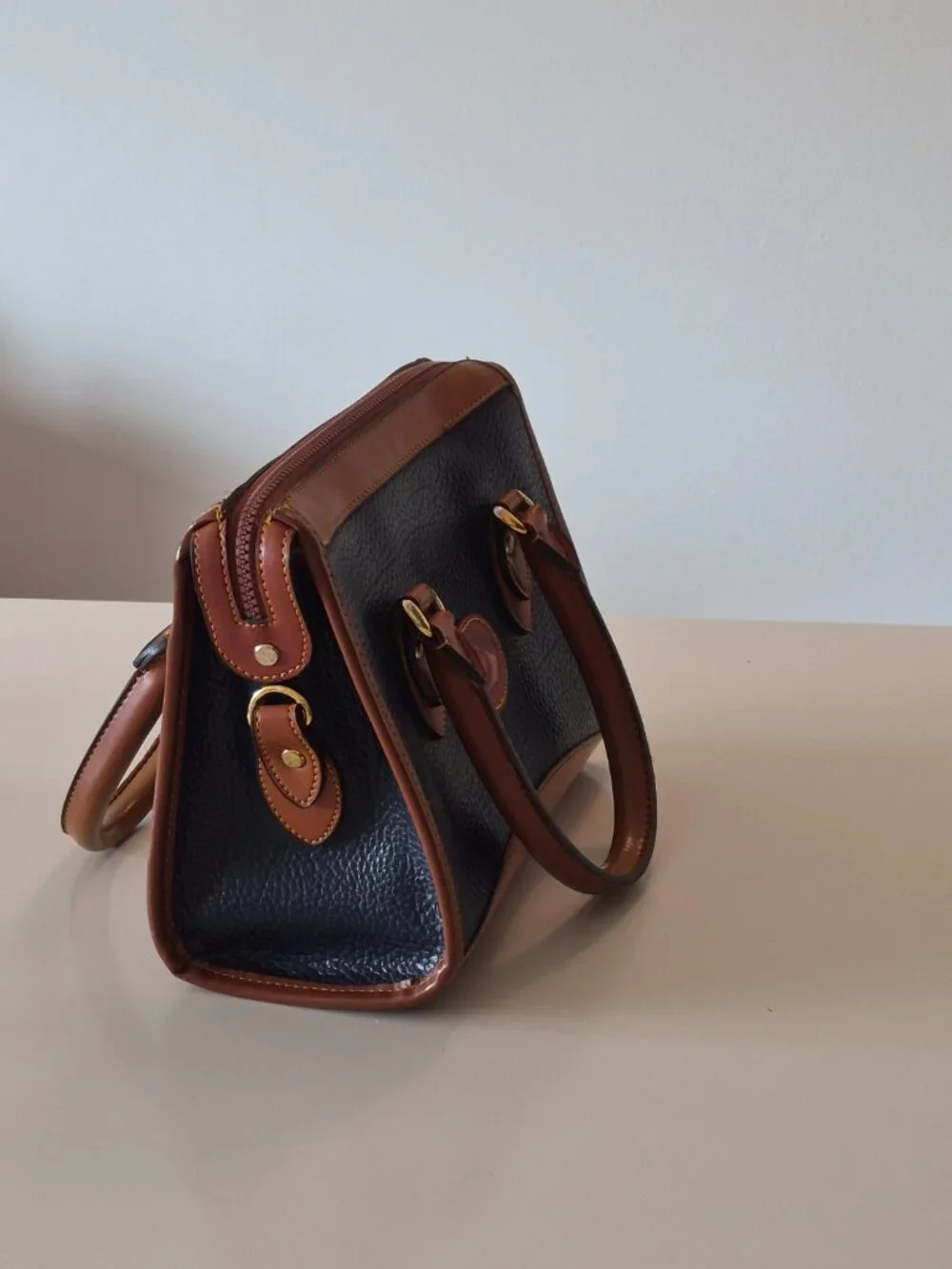 Vintage Dooney & Bourke AWL Small Satchel Top Handle Navy British Tan